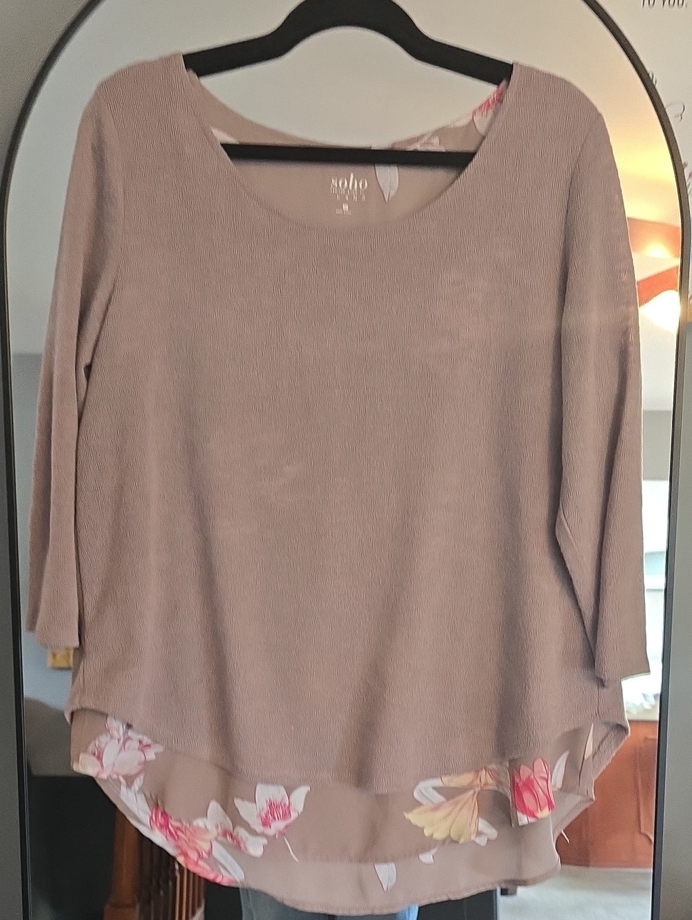 Soho Mocha Knit Top with Floral Chiffon Hem